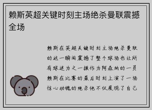 赖斯英超关键时刻主场绝杀曼联震撼全场
