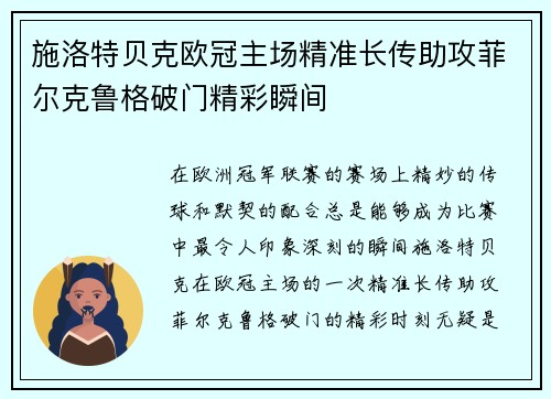 施洛特贝克欧冠主场精准长传助攻菲尔克鲁格破门精彩瞬间
